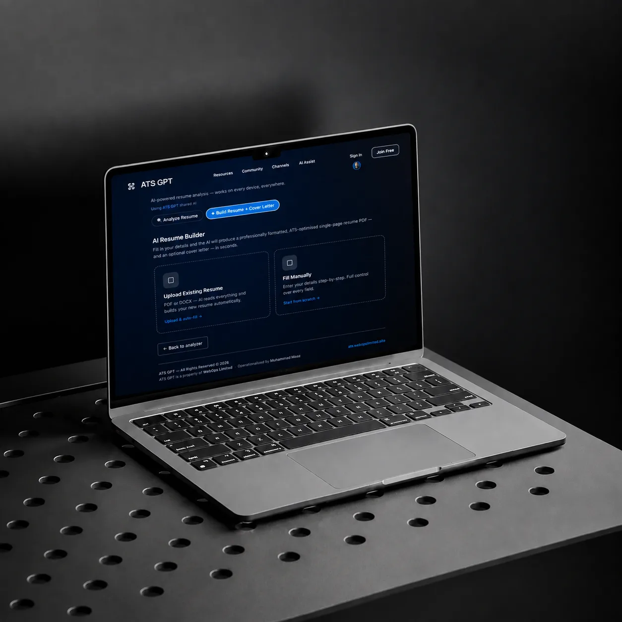 ATS GPT resume builder website on laptop