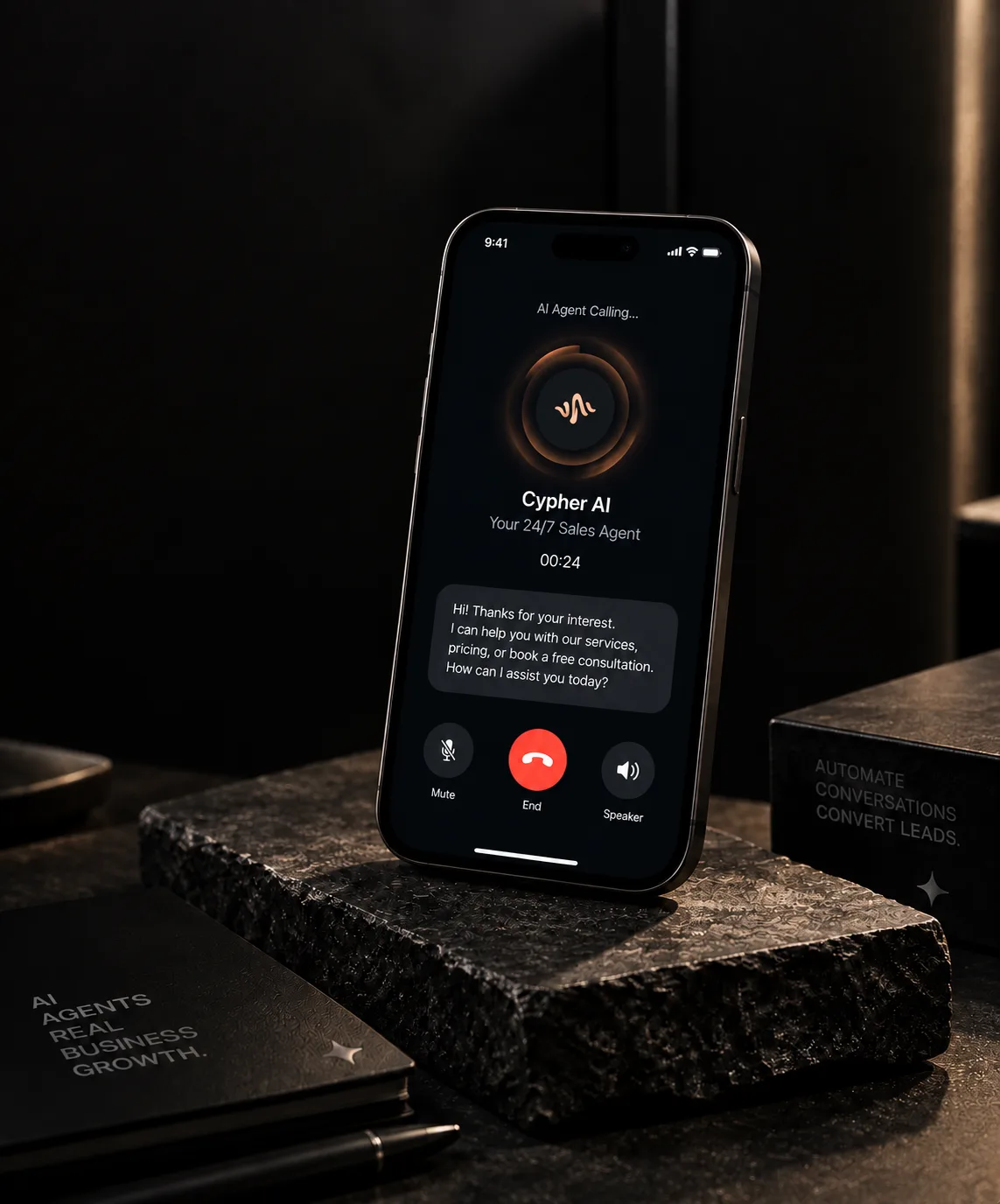 Smartphone displaying an AI voice agent handling a live customer call