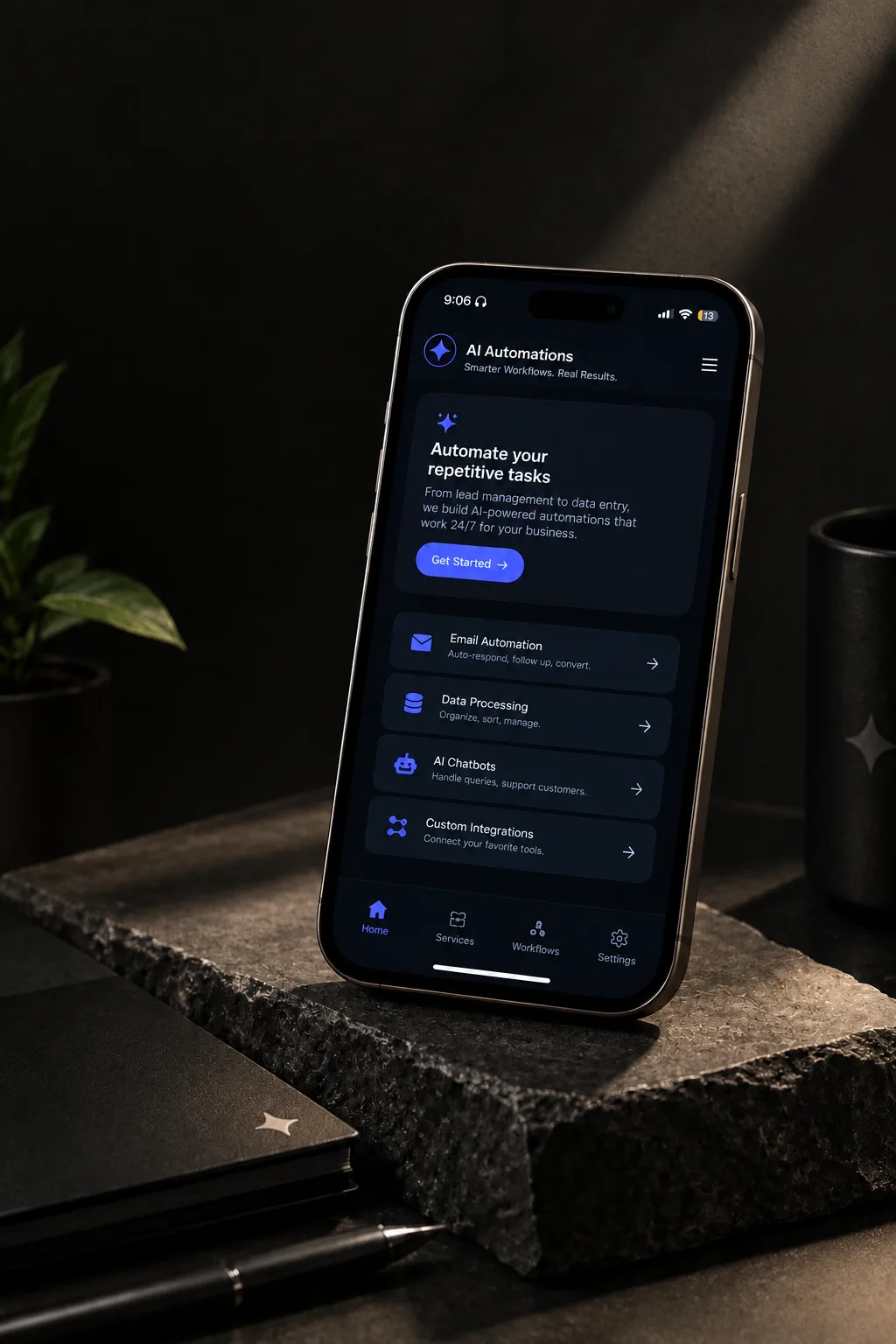 Smartphone displaying an AI automations dashboard for business workflows
