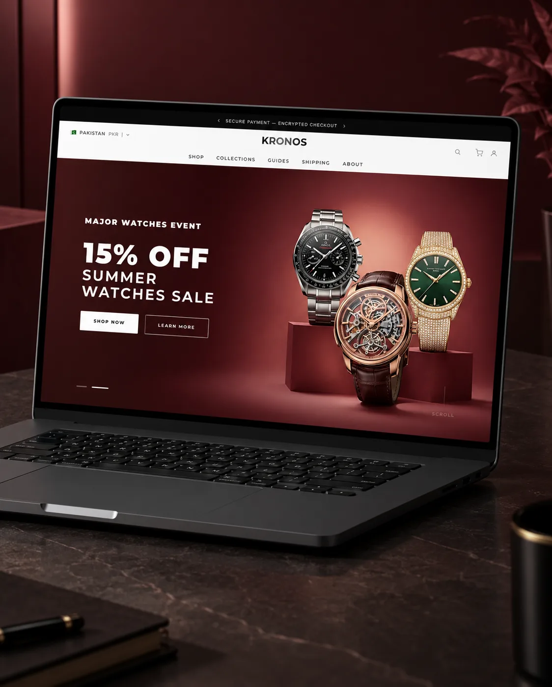 Laptop displaying the Kronos luxury watch ecommerce store with a summer sale banner